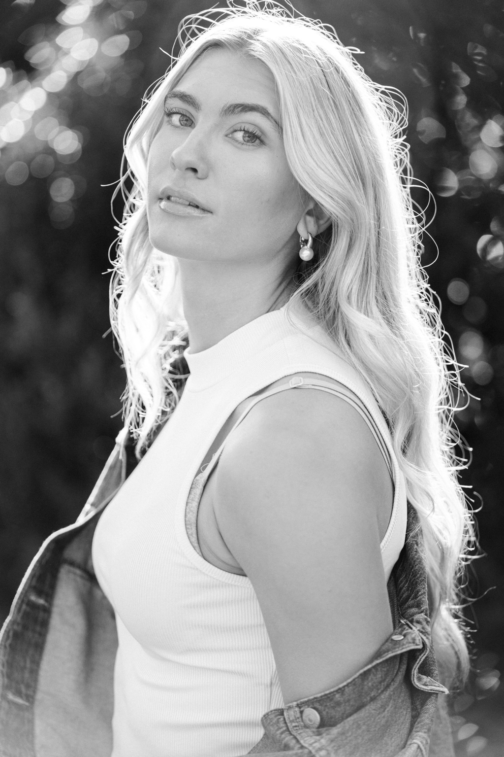 Cecilia in an outdoor black and white portrait