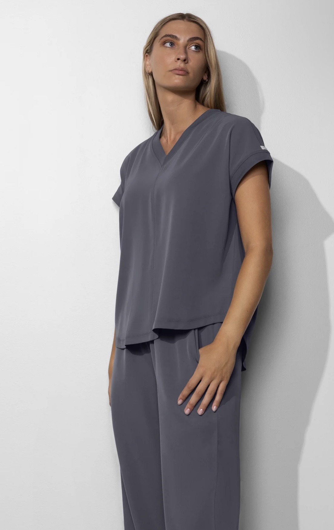 Cecilia modeling gray medical scrubs