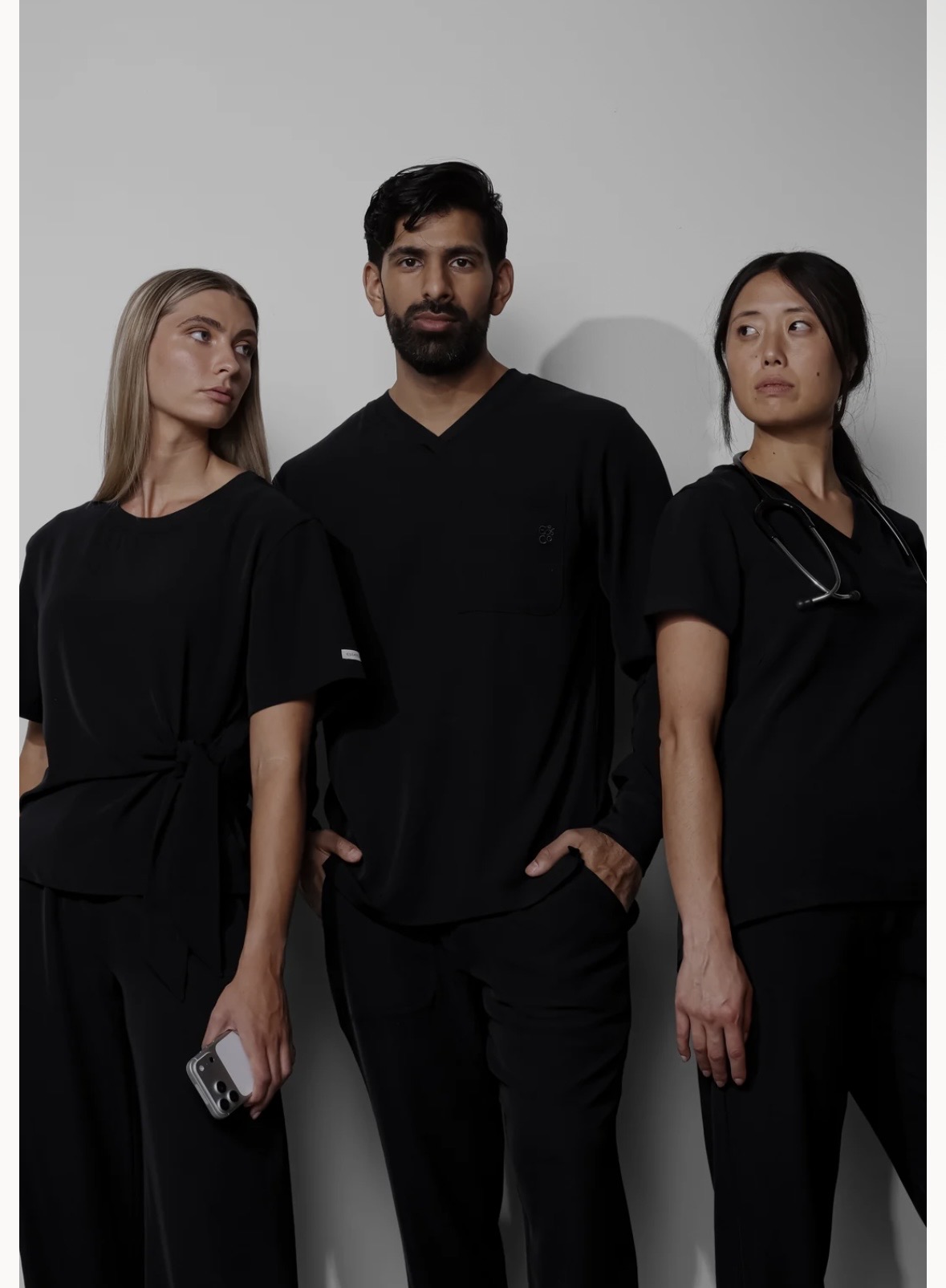 Cecilia with two other models in a medical apparel campaign